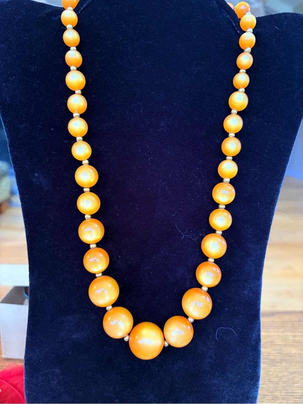 HUGE Vintage Orange Moon Glow Bead Necklace Gold Spacers Floral Clasp 23” RARE